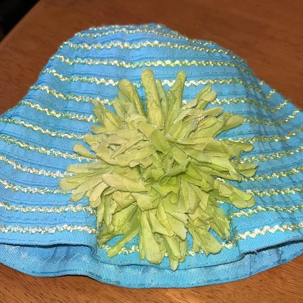 Toddler Hat Aqua with Lime Stripe Accent and Flower